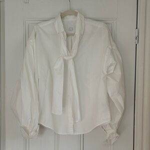 Gap Studio White Women's Tie-Neck Button Down Blouse with Balloon Sleeves